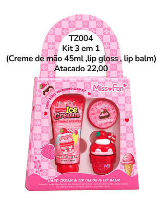 Kit 3 em 1 (Creme de mão 45ml ,lip gloss, lip balm)