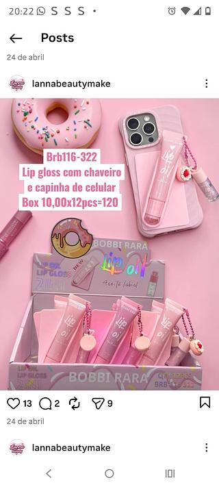 Lip gloss com chaveiro e capinha de celular