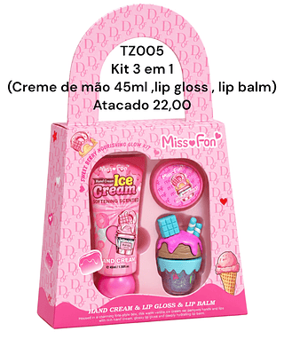 Kit 3 em 1 (Creme de mão 45ml ,lip gloss, lip balm)