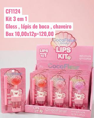 Kit 3 em 1 Gloss, lápis de boca, chaveiro