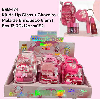 Kit de Lip Gloss + Chaveiro + Mala de Brinquedo 6 em 1