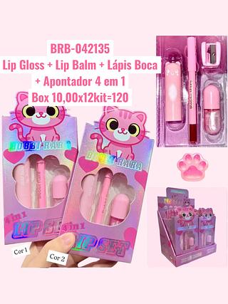 Lip Gloss + Lip Balm + Lápis Boca + Apontador 4 em 1 (cor sortido)